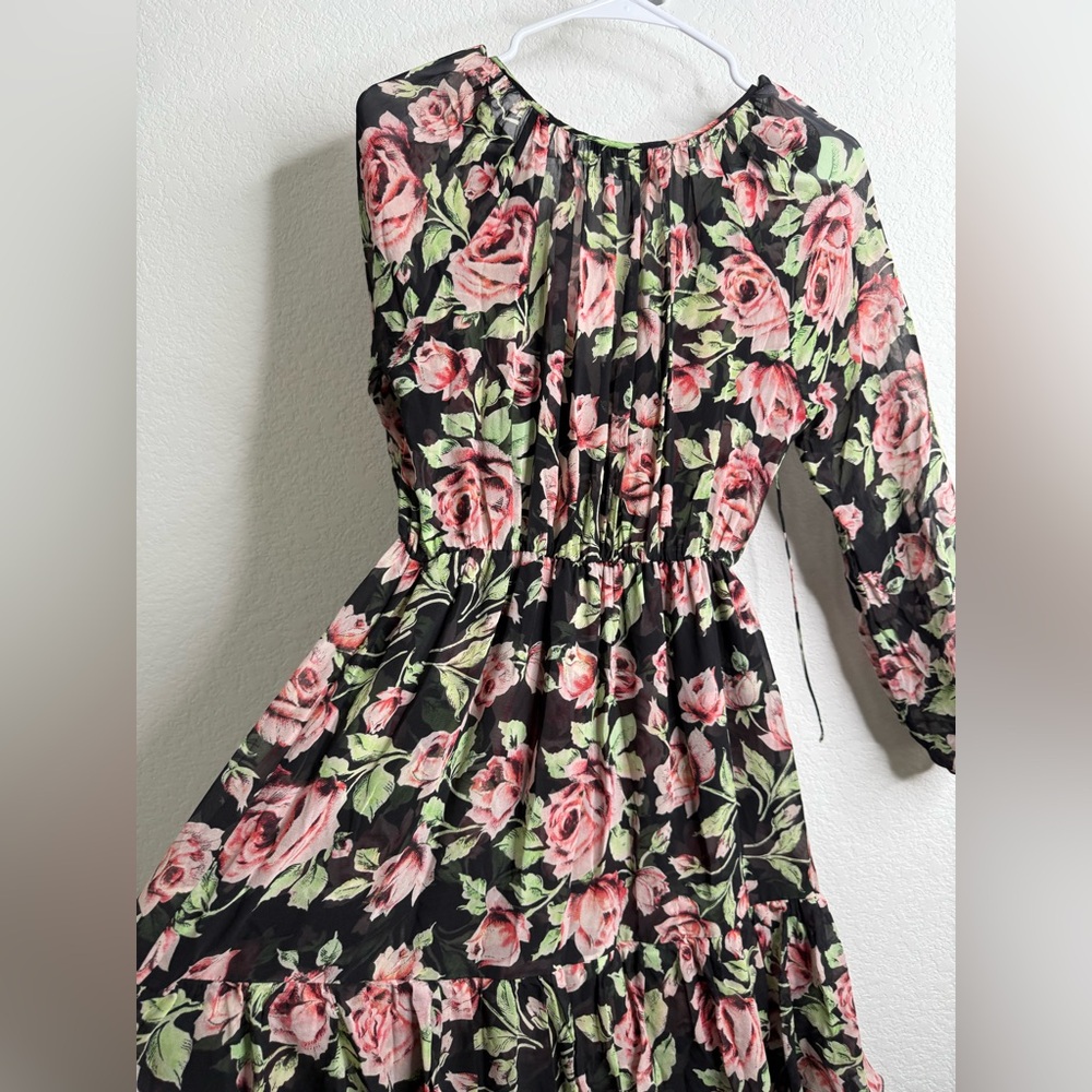 The Kooples 100% Silk Midi Dress With Roses Flowy Ruffled Sz 1= Small - Picture 11 of 16